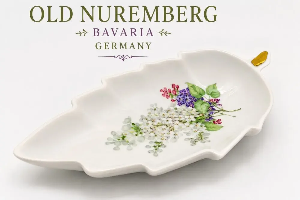 Vintage Old Nuremberg Bavaria Germany Porcelain Leaf Dish Floral Gold Accent